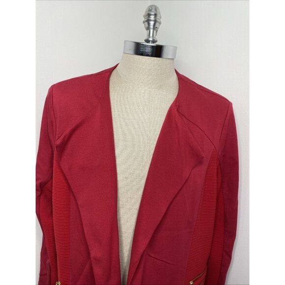 NEW Chico's Sz 3 L Red Jacket Open Front Gold Zippers Blazer Motto - Picture 2 of 9